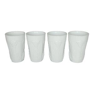 VINTAGE Drinking glasses Set of 4 Milk Glass Grape Leaf pattern Embossed White